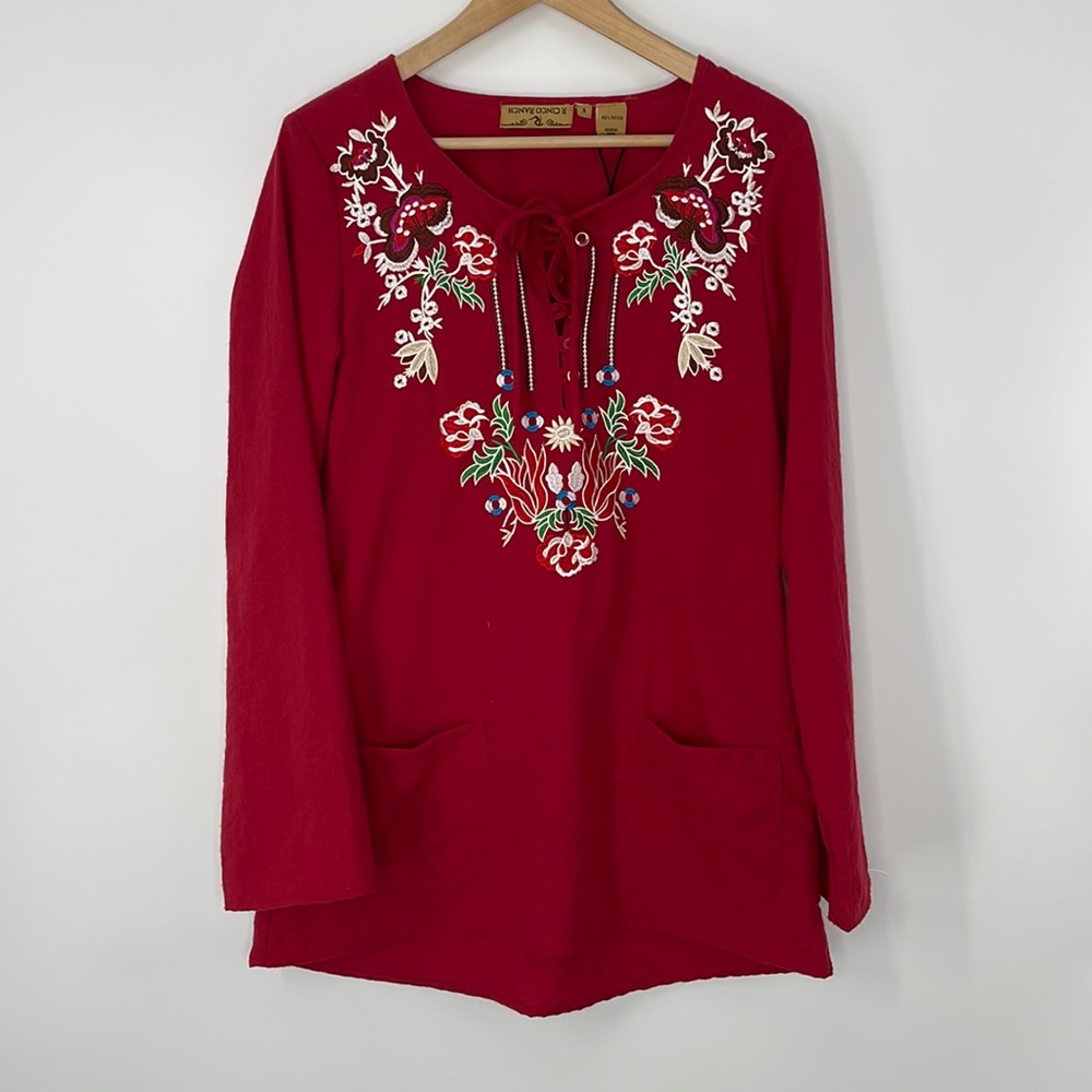 R CINCO RANCH 100% Rayon long sleeve embroidered pullover tunic pockets size Sm